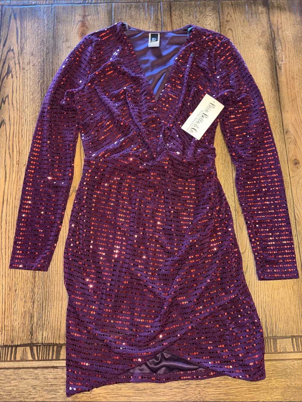 Plum Sequin Wrap-Style Long Sleeve Dress